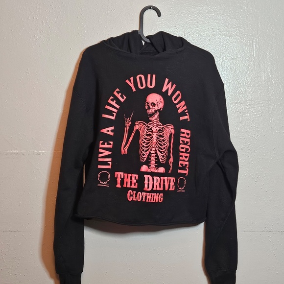 Distressed Black Cropped Hoodie with Skeleton - Picture 2 of 6